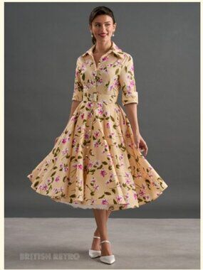 NWT British Retro 'Way Out West' Dress with Belt in Honey Blossom UK 8